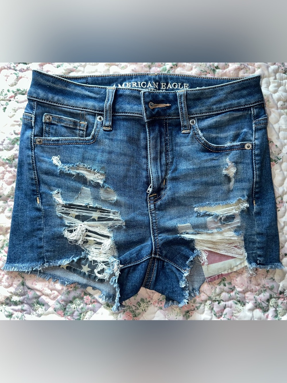 American Eagle High Rise Shortie Distressed Flag Pocket Cut Off Denim Shorts